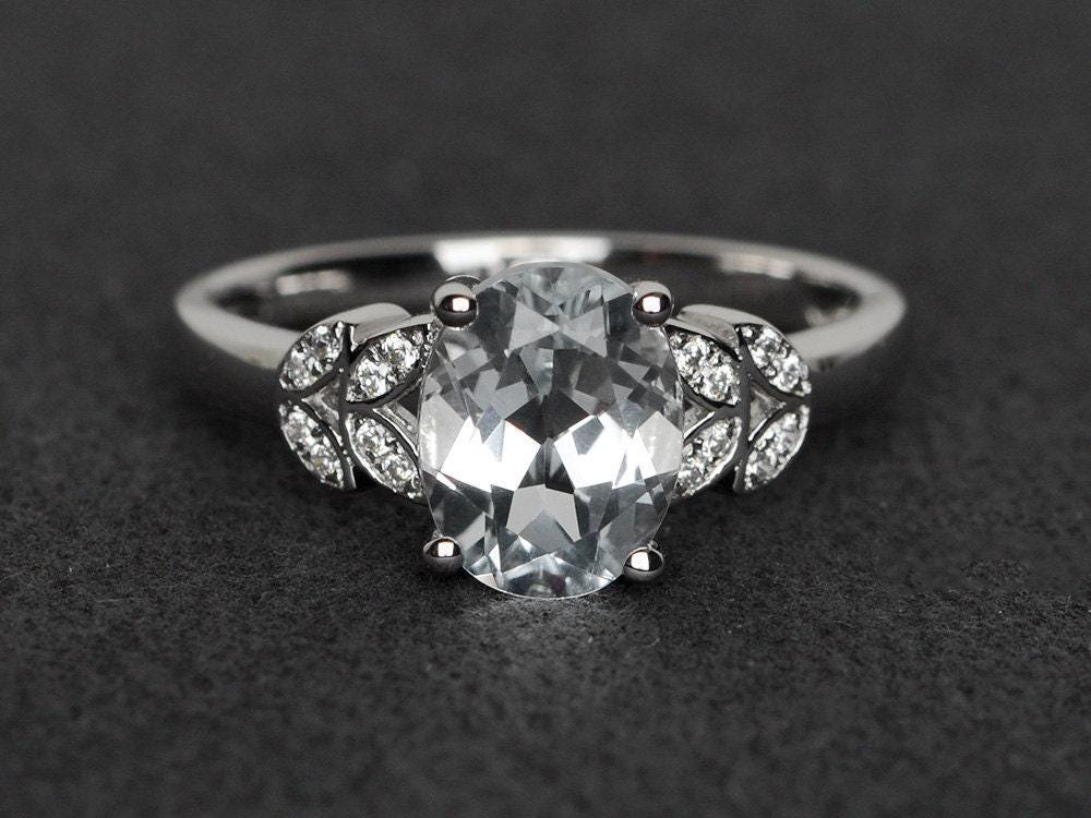 Weißer Topasring Ovalschliff Verlobungsring Silber Topas Ehering Edelsteinring von XiaoCuiJewelry