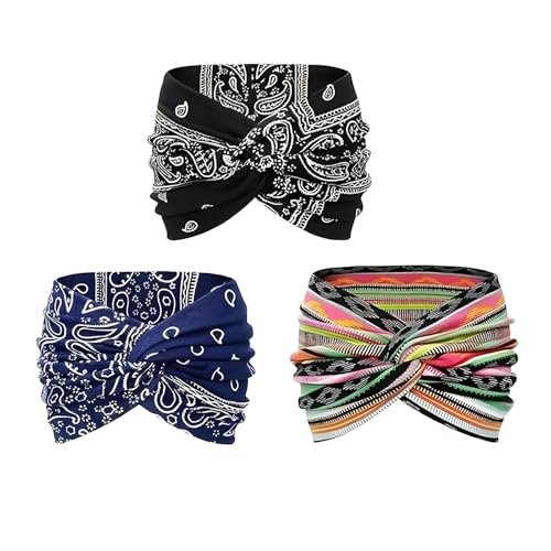 Bedrucktes Kreuz-Yoga-Stirnband, breites Haar-Accessoire für Damen, verstellbare Passform, Yoga-Stirnbänder und tägliche Haarbänder (3 Stück - A, Einheitsgröße) von XiaoerYu