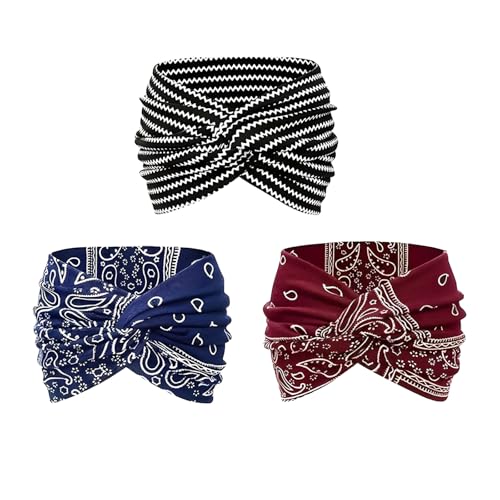 Bedrucktes Kreuz-Yoga-Stirnband, breites Haar-Accessoire für Damen, verstellbare Passform, Yoga-Stirnbänder und tägliche Haarbänder (3 Stück - C, Einheitsgröße) von XiaoerYu