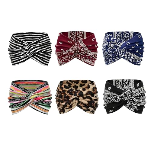 Bedrucktes Kreuz-Yoga-Stirnband – breites Haar-Accessoire für Damen, verstellbare Passform, Yoga-Stirnbänder und tägliche Haarbänder (6 Stück, Einheitsgröße) von XiaoerYu