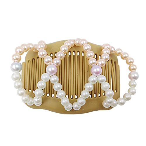 Double Pearls Hair Combs Clips Stretch Bun Maker Stylish Women Retro Style Elastic Hair Accessories with Delicate Beads Perfect For Thick or Thin Hair For Daily Use Od von Xiaojikuaipao