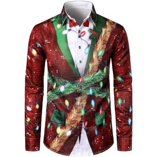 Xiaojiu Herren Lustige Gedruckte Weihnachtshemden Button-Down-Kragen Langarmshirts Langarm Lustig Funky Leinenhemd Herren Langarm Freizeithemd Leinenhemd Herren Slim Fit Business Hemd Herren Weihnac von Xiaojiu