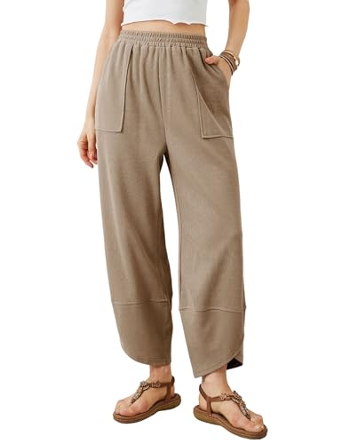 Xiaoxuemeng Damen Pumphose mit weitem Bein, leger, elastischer Bund, Palazzo-Haremshose mit Taschen, Khaki, S von Xiaoxuemeng