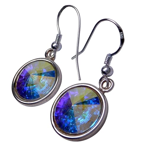 AB Premium Kristall Ohrringe 925 Sterling Silber | Rund 12 mm Aurora Borealis | Damen Hängeohrringe | Hautfreundlich | Handgefertigt in Deutschland | von XieXie