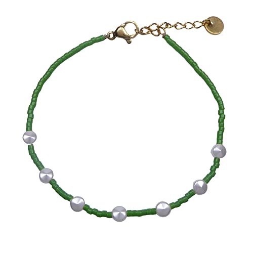 XieXie Handgemachtes Boho Armband mit Perlen und Perlmutt Verschluß Edelstahl verstellbar (Grün) von XieXie