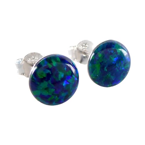 Lab Opal Ohrstecker aus 925 Sterling Silber rhodiniert 8mm Ohrringe für Damen und Mädchen (blau grün) von XieXie