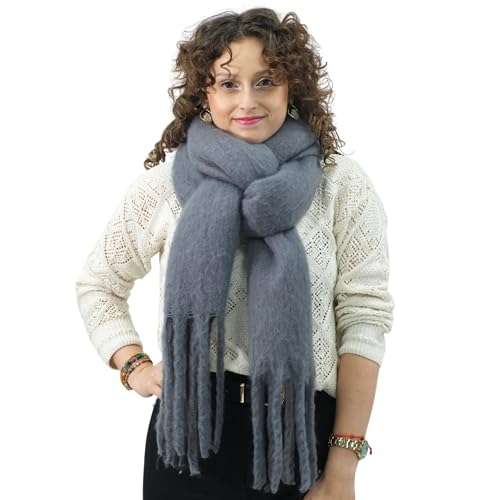 Xifrika Damenschal Winter XXL 248x39cm – Weicher und Warmer Schal aus 100 % Polyester mit Fransen – 28 Farben Uni oder Kariert – Ideal für den Alltag (Dunkelgrau) von Xifrika