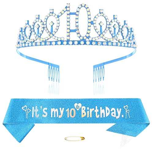 Blau 10th Geburtstags Krone und Schärpe Mädchen 10. Geburtstag Deko Strass Geburtstag Tiara Prinzessin Krone Queen Tiara Geburtstagsschärpe Girls 10 Geburtstag Dekoration Party Kleidung Zubehör von Xihuimay