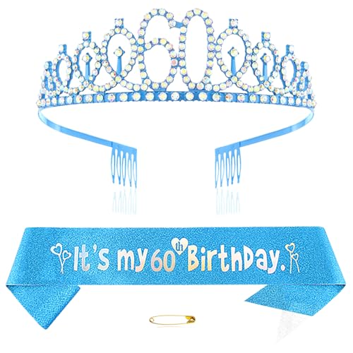 Blau 60th Geburtstags Krone und Schärpe Mädchen 60. Geburtstag Deko Strass Geburtstag Tiara Prinzessin Krone Queen Tiara Geburtstagsschärpe Girls 60 Geburtstag Dekoration Party Kleidung Zubehör von Xihuimay