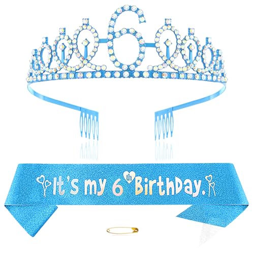 Blau 6th Geburtstags Krone und Schärpe Mädchen 6. Geburtstag Deko Strass Geburtstag Tiara Prinzessin Krone Queen Tiara Geburtstagsschärpe Girls 6 Geburtstag Dekoration Party Kleidung Zubehör von Xihuimay