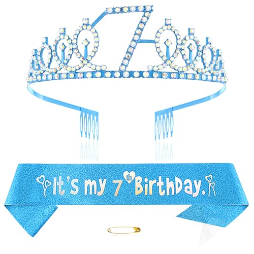 Blau 7th Geburtstags Krone und Schärpe Mädchen 7. Geburtstag Deko Strass Geburtstag Tiara Prinzessin Krone Queen Tiara Geburtstagsschärpe Girls 7 Geburtstag Dekoration Party Kleidung Zubehör von Xihuimay