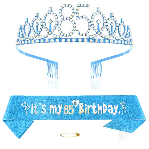 Blau 85th Geburtstags Krone und Schärpe Mädchen 85. Geburtstag Deko Strass Geburtstag Tiara Prinzessin Krone Queen Tiara Geburtstagsschärpe Girls 85 Geburtstag Dekoration Party Kleidung Zubehör von Xihuimay