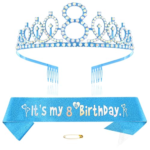 Blau 8th Geburtstags Krone und Schärpe Mädchen 8. Geburtstag Deko Strass Geburtstag Tiara Prinzessin Krone Queen Tiara Geburtstagsschärpe Girls 8 Geburtstag Dekoration Party Kleidung Zubehör von Xihuimay