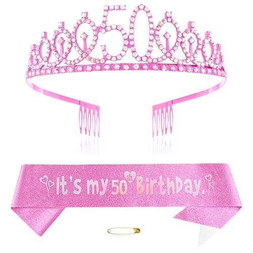 Rosa 50th Geburtstags Krone und Schärpe Mädchen 50. Geburtstag Deko Strass Geburtstag Tiara Prinzessin Krone Queen Tiara Geburtstagsschärpe Girls 50 Geburtstag Dekoration Party Kleidung Zubehör von Xihuimay