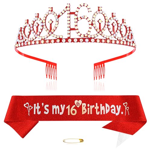 Rot 16th Geburtstags Krone und Schärpe Mädchen 16. Geburtstag Deko Strass Geburtstag Tiara Prinzessin Krone Queen Tiara Geburtstagsschärpe Girls 16 Geburtstag Dekoration Party Kleidung Zubehör von Xihuimay