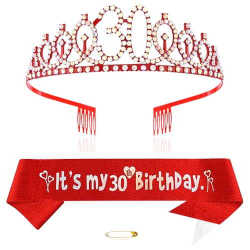 Rot 30th Geburtstags Krone und Schärpe Mädchen 30. Geburtstag Deko Strass Geburtstag Tiara Prinzessin Krone Queen Tiara Geburtstagsschärpe Girls 30 Geburtstag Dekoration Party Kleidung Zubehör von Xihuimay