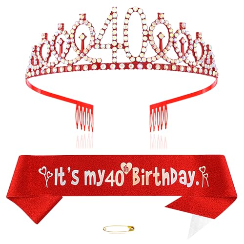 Rot 40th Geburtstags Krone und Schärpe Mädchen 40. Geburtstag Deko Strass Geburtstag Tiara Prinzessin Krone Queen Tiara Geburtstagsschärpe Girls 40 Geburtstag Dekoration Party Kleidung Zubehör von Xihuimay