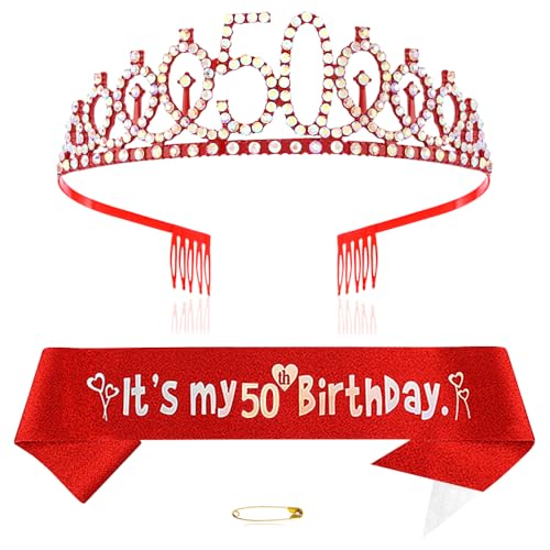 Rot 50th Geburtstags Krone und Schärpe Mädchen 50. Geburtstag Deko Strass Geburtstag Tiara Prinzessin Krone Queen Tiara Geburtstagsschärpe Girls 50 Geburtstag Dekoration Party Kleidung Zubehör von Xihuimay