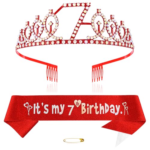 Rot 7th Geburtstags Krone und Schärpe Mädchen 7. Geburtstag Deko Strass Geburtstag Tiara Prinzessin Krone Queen Tiara Geburtstagsschärpe Girls 7 Geburtstag Dekoration Party Kleidung Zubehör von Xihuimay