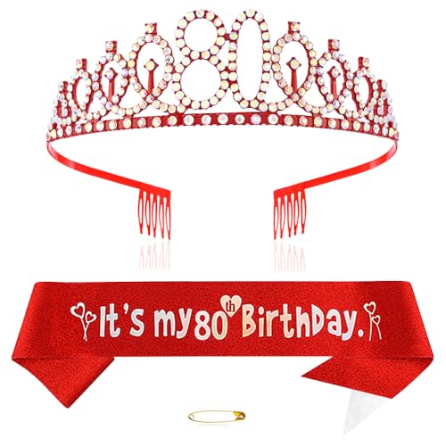 Rot 80th Geburtstags Krone und Schärpe Mädchen 80. Geburtstag Deko Strass Geburtstag Tiara Prinzessin Krone Queen Tiara Geburtstagsschärpe Girls 80 Geburtstag Dekoration Party Kleidung Zubehör von Xihuimay
