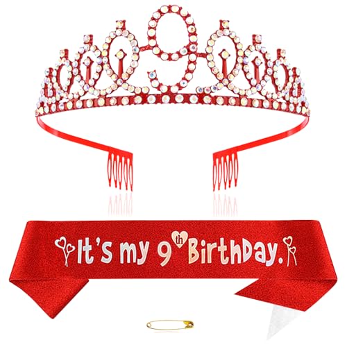 Rot 9th Geburtstags Krone und Schärpe Mädchen 9. Geburtstag Deko Strass Geburtstag Tiara Prinzessin Krone Queen Tiara Geburtstagsschärpe Girls 9 Geburtstag Dekoration Party Kleidung Zubehör von Xihuimay