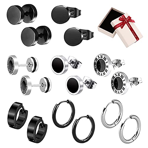 Xihuimay 8 Paare Ohrstecker mit Schmucketui Ohrklemmen Ohrringe Klappcreolen Ohrclip Stud Earrings Earstuds Unisex Ohrschmuck Hiphop Stil Ohr Piercing Zubehören für Männer Frauen, Schwarz Silber von Xihuimay