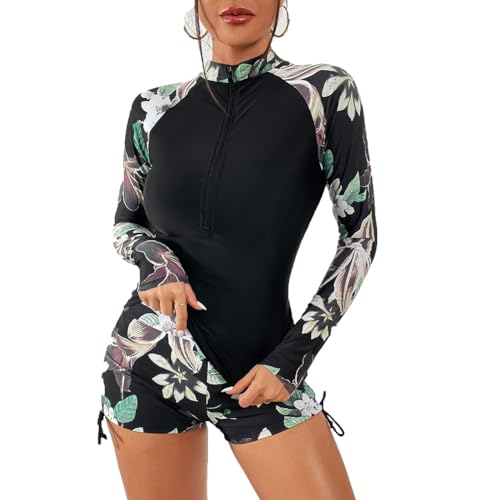 Damen Floral Rashguard-Set UV Schutz UPF 50+ Sonnenschutz Shirt Langarm Badeshirt Bademode Schnell Trocknender Swimsuit in BH,Schwarz 2,M von XiinxiGo