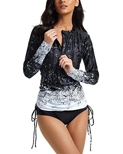 Damen Surf Shirt Bademode Rash Guard UV Shirts mit Lange Ärmel und Zip Up Schwimmen Tankini,Schwarz 3,XXL von XiinxiGo