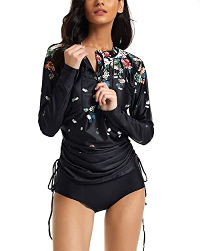 Damen Surf Shirt Bademode Rash Guard UV Shirts mit Lange Ärmel und Zip Up Schwimmen Tankini,Schwarz 4,XL von XiinxiGo