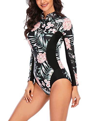 Rash Guard für Damen Blumenmuster Langarm UV Schutz UPF 50+ Bademode Shirts Schnell Trocknender Surftop,Schwarz,M von XiinxiGo