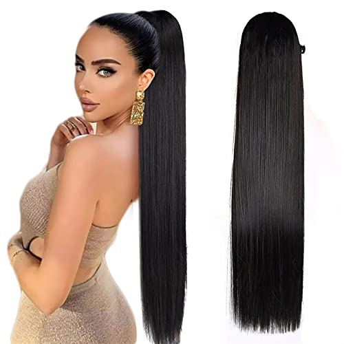 Pferdeschwanz Haarverlängerung Extensions for Frauen, hitzebeständig, Kunsthaar, synthetischer langer, gerader Pferdeschwanz, Kordelzug, Pferdeschwanz, Clip-in-Haar Ponytail Extension (Color : Schwar Pferdeschwanz Haarverlängerung Extensions for Frauen, hitzebeständig, Kunsthaar, synthetischer langer, gerader Pferdeschwanz, Kordelzug, Pferdeschwanz, Clip-in-Haar Ponytail Extension (Color : Schwar von Xilin-872