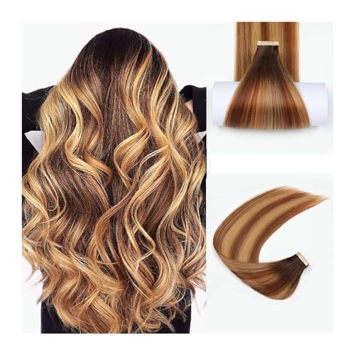Tape in Haarverlängerungen Tape-In-Extensions, Ombre-Haarverlängerung, Tape-Ins, Echthaar for weiße Frauen, unsichtbar, nahtlos, Hauteinschlag, Kastanienbraun bis Hellbraun, Mischung Hellblond Haarver von Xilin-872