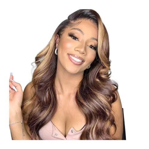 perücke 180% Highlight-Perücke, Echthaar, gewellt, Spitze, Ombre, braun, menschliche Perücken, transparente Spitze, vorgezupfter Haaransatz, Perücke for Frauen Kunstfaserhaar(13x6 T Part Lace Wig,30I von Xilin-872