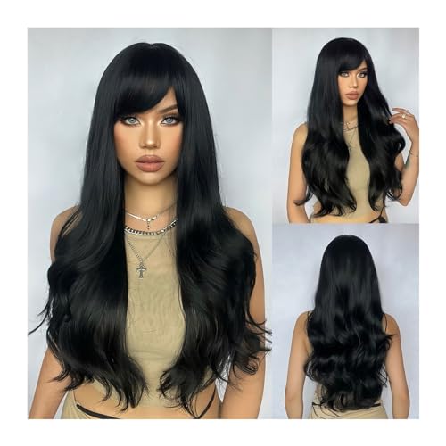 perücke Perücke for den täglichen Gebrauch, hitzebeständige Faser, lange gewellte synthetische schwarze Perücken mit Pony for schwarze Frauen, Afro-Naturwellenhaar, Cosplay Kunstfaserhaar(LC344-1) von Xilin-872