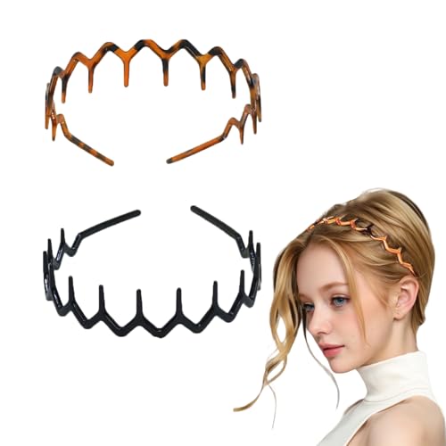 2 Stück Zick-Zack-Stirnband, 90er-Jahre-Zick-Zack-Stirnbänder, gewellte Kunststoff-Haarbänder mit Haifischzahn-Kamm-Design, rutschfeste elastische Stirnbänder für Damen, Herren, Mädchen von Ximinwzm