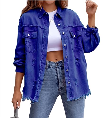 Damen Jeansjacke Frayed Saum Langarm Distressed Denim Leichte Herbst Jacken (XL, Blau) von XinCDD