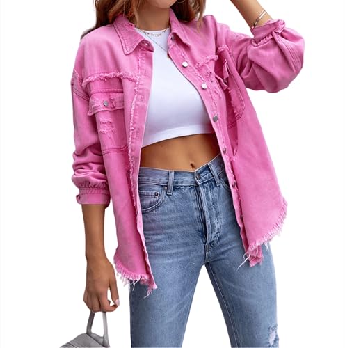 Damen Jeansjacke Frayed Saum Langarm Distressed Denim Leichte Herbst Jacken (XL, Rosa) von XinCDD