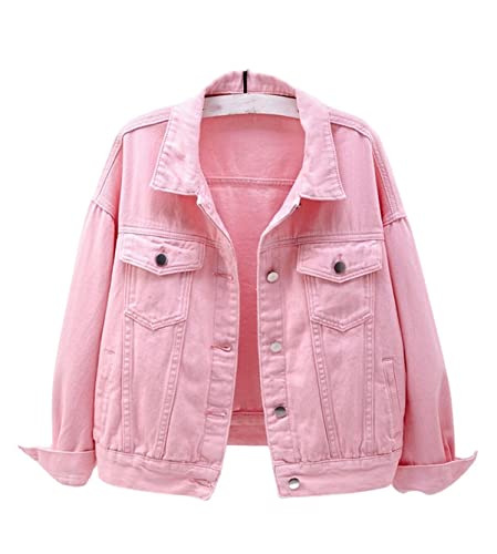 Damen Jeansjacke Vintage Mantel Revers Kragen Knöpfe Verschluss Cropped Trucker Jacke Casual Outwear (M, Rosa) von XinCDD