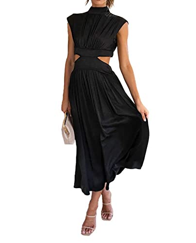 Damen Sommerkleid Stehkragen Kleid mit Offener Taille Elegant Einfarbig Freizeitkleider Swing Kleid (as3, Alpha, l, Regular, Regular, Lang Schwarz) von XinCDD