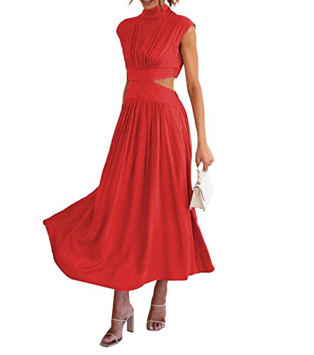 Damen Sommerkleid Stehkragen Kleid mit Offener Taille Elegant Einfarbig Freizeitkleider Swing Kleid (as3, Alpha, m, Regular, Regular, Lang Rot) von XinCDD
