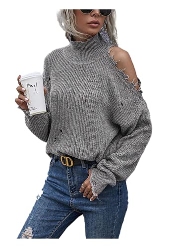 Damen Strickpullover Schulterfreier zerrissener langärmeliger Strickpullover mit Stehkragen Casual Pullover Sweatshirt Pulli Elegant Jumper Shirts (S, Dunkelgrau) von XinCDD