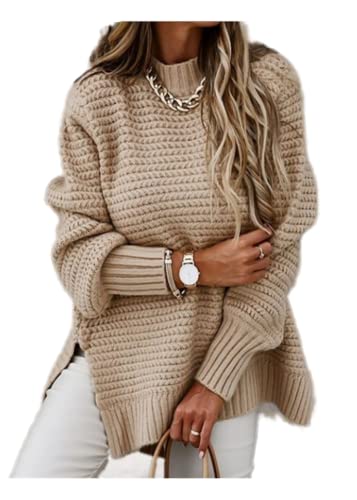 Damen Strickpullover Winter Langarm Lose einfarbige Pullover Lose Rundhals Mode Strickpullover mit Seitenschlitzen (M, Khaki) von XinCDD