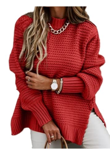 Damen Strickpullover Winter Langarm Lose einfarbige Pullover Lose Rundhals Mode Strickpullover mit Seitenschlitzen (S, Rot) von XinCDD