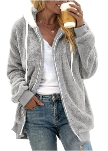 Fleece Jacke Damen Kapuzenpullover Oversize Kuschel Plüsch Sweatshirt mit Fell Kuschelpullover Flauschig Pullover mit Kapuze Winter Kapuzenjacke mit Reißverschluss (5XL, grau) von XinCDD