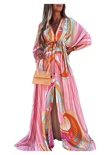 Sexy Langer Rock V-Ausschnitt mit Schnürung Fledermausärmel einreihiges Strandkleid Herbst Damen lässiges langes Kleid (Pink, M) von XinCDD