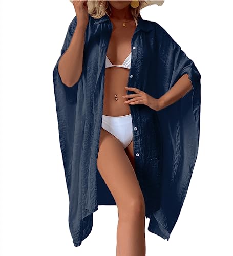 Strandkleid Damen Bikini Cover Up Lang Kimono Strickjacken Bademode Strand Vertuschen Shirt (Dunkelblau) von XinCDD