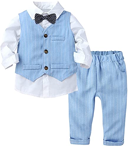 XinCDD Baby Jungen Taufanzug Hochzeitanzug Bekleidungset Festliche Gentleman Outfit Baumwolle Langarm Hemd +Fliege Weste Hose (Blau, 90) von XinCDD