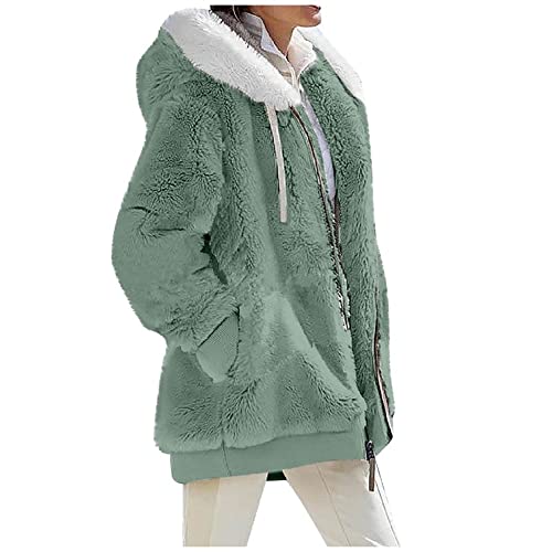 XinCDD Damen Casual Mantel Lange Ärmel Outwear Einfarbig Plüschjacke mit Kapuze Frauen Fleecejacke mit Taschen Jacke Dicke Warme Reißverschluss Plüschmantel Parka (Grün, 5XL) von XinCDD
