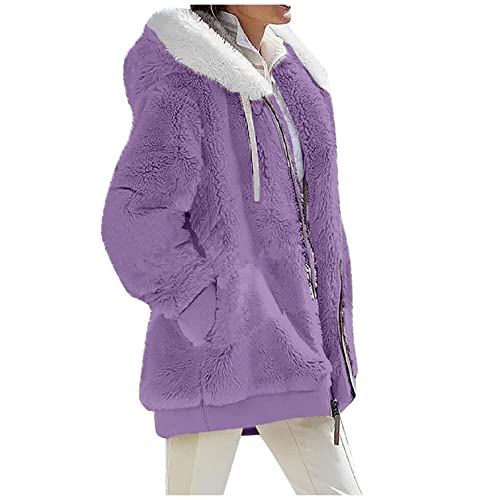 XinCDD Damen Casual Mantel Lange Ärmel Outwear Einfarbig Plüschjacke mit Kapuze Frauen Fleecejacke mit Taschen Jacke Dicke Warme Reißverschluss Plüschmantel Parka (Lila, M) von XinCDD