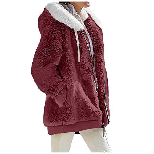 XinCDD Damen Casual Mantel Lange Ärmel Outwear Einfarbig Plüschjacke mit Kapuze Frauen Fleecejacke mit Taschen Jacke Dicke Warme Reißverschluss Plüschmantel Parka (Rot, 2XL) von XinCDD